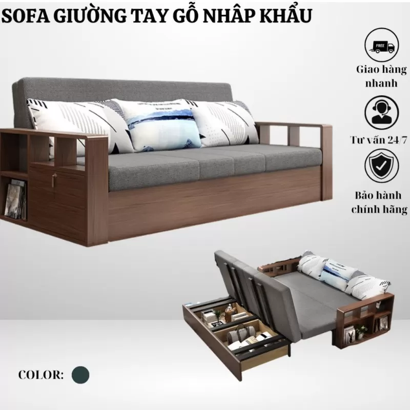 Giường Sofa Đa Năng, Giường sofa thông minh tay gỗ nhập khẩu_Có ngăn chứa đồ bí mật