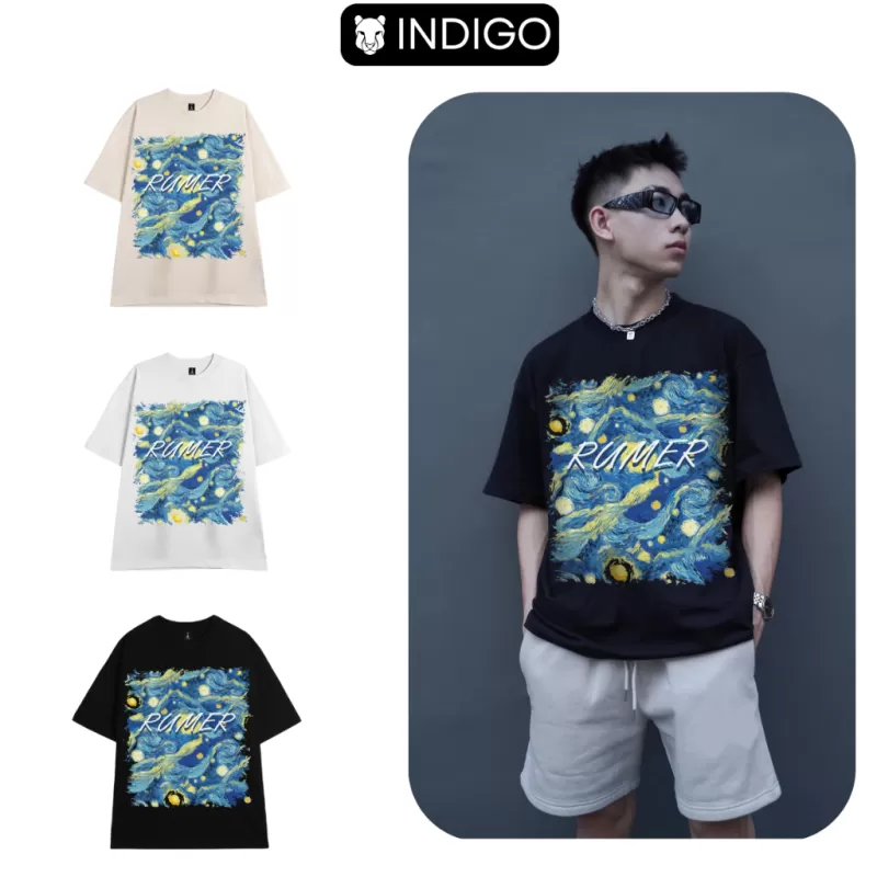 Áo thun unisex nam nữ INDIGO VANGOGH, áo thun cổ tròn form rộng chất liệu cotton kiểu dáng oversize. TS021