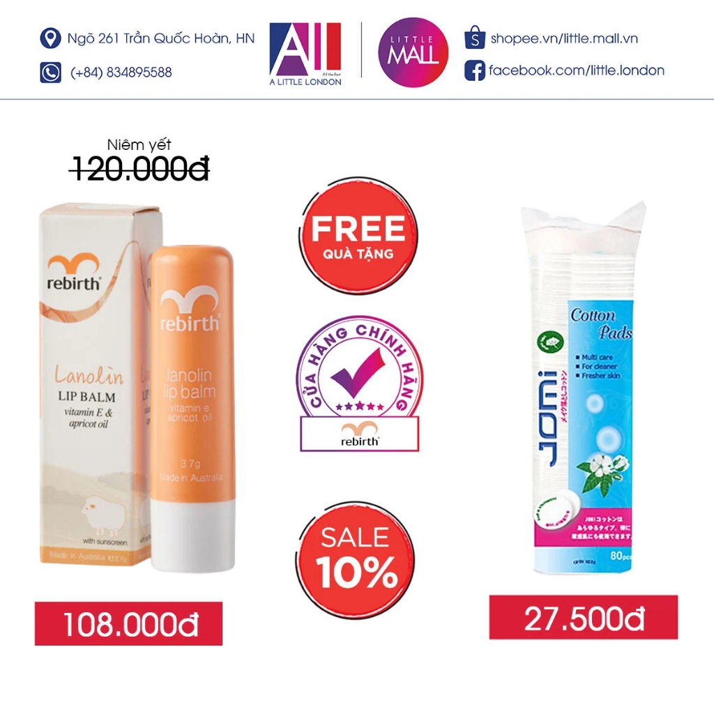 Son dưỡng môi nhau thai cừu chống khô và nứt nẻ Rebirth Lanolin Lip Balm 3.7g