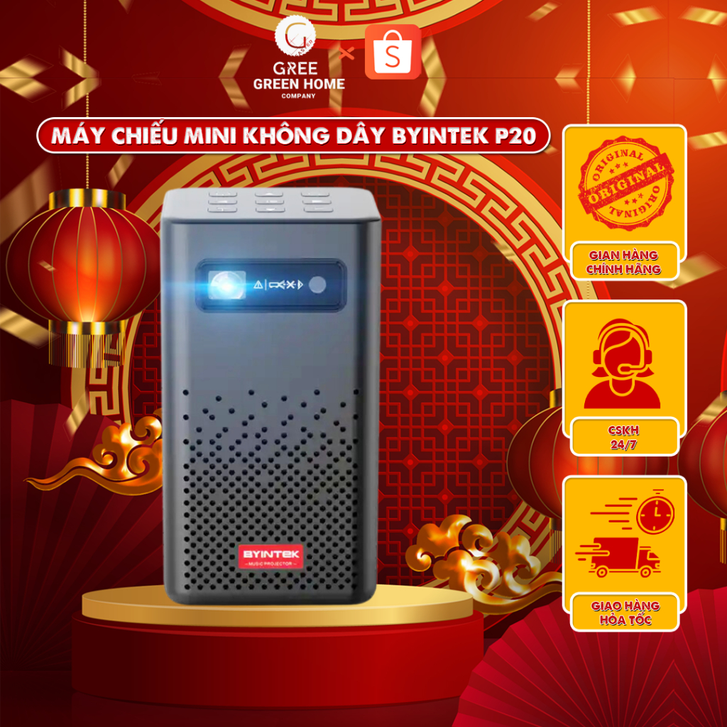Máy Chiếu Mini Không Dây BYINTEK P20 - Máy Chiếu Hỗ Trợ 4K Android 9.0 Chức Năng Loa Bluetooth 2 Loa 5W Sử Dụng 3 - 4H