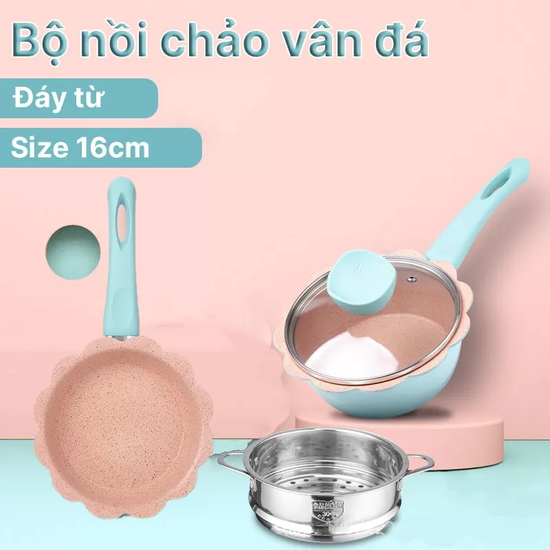Bộ nồi chảo vân đá hình hoa cho bé ăn dặm cao cấp chống dính kèm lồng hấp nấu dùng được bếp từ