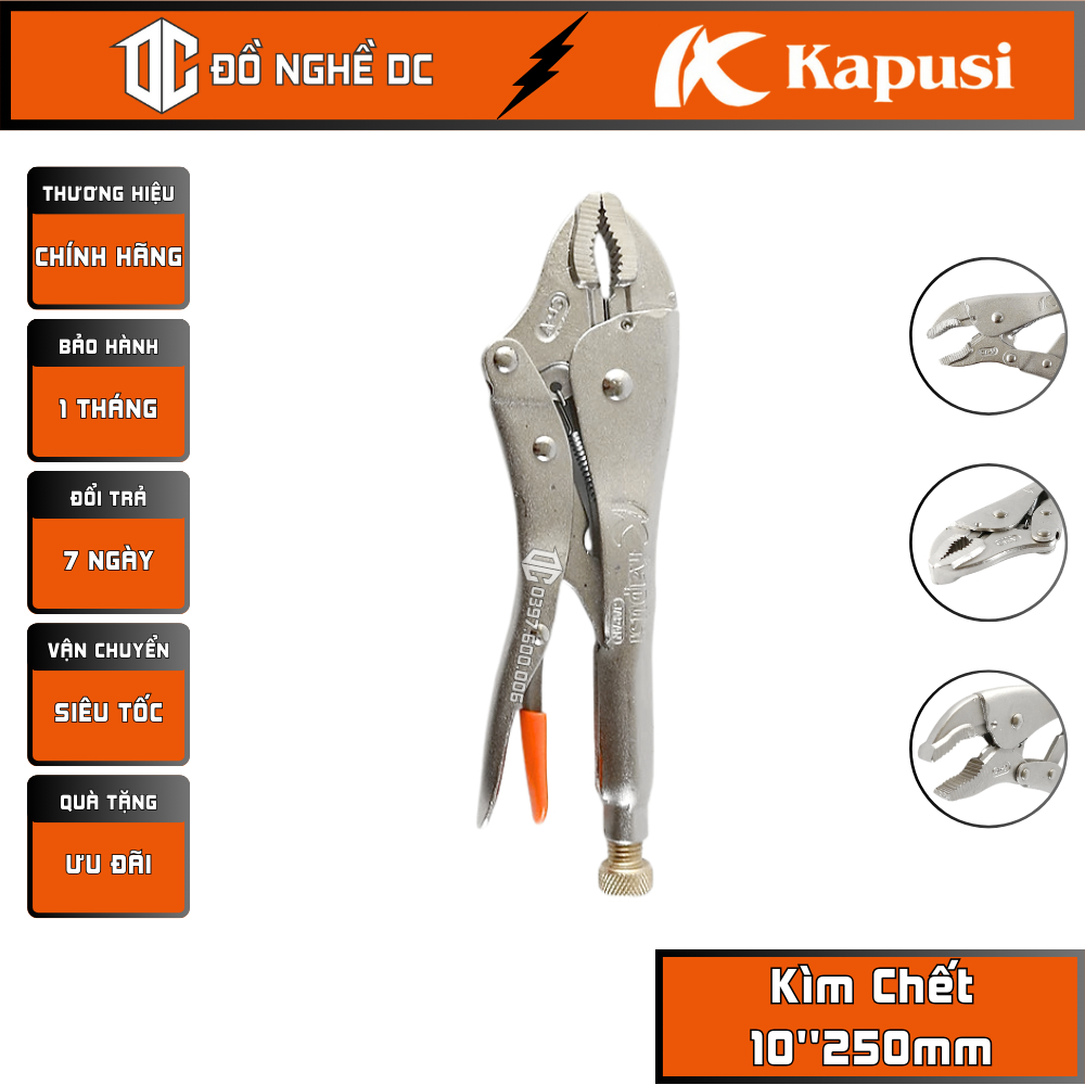 Kìm Chết, Kìm Bấm Chết Xi Trắng 10''250mm K-8258 Kapusi Nhật Bản, thép CR-V, chuyên dùng để kẹp, bấm chết để kẹp, giữ