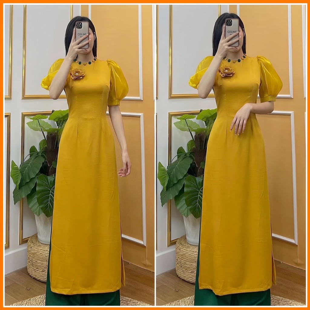 Áo dài cách tân nữ cổ tròn đính cúc tay bồng ngắn, áo dài thiết kế nhẹ nhàng chất lụa tây thi cao cấp