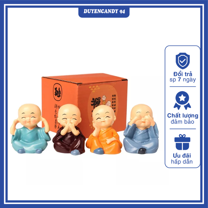 Bộ Tượng Chú Tiểu Hòa Thượng Tứ Không - Phật Phong Thủy Mini 4 Tư Thế, Trang Trí Xe Hơi, Để Bàn