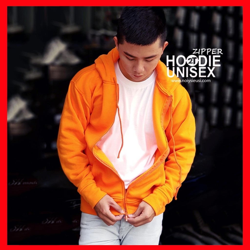 Áo hoodie zipper unisex 2T Store HZ06 màu cam cà rốt - Áo khoác nỉ dây kéo nón 2 lớp dày dặn chất lượng đẹp