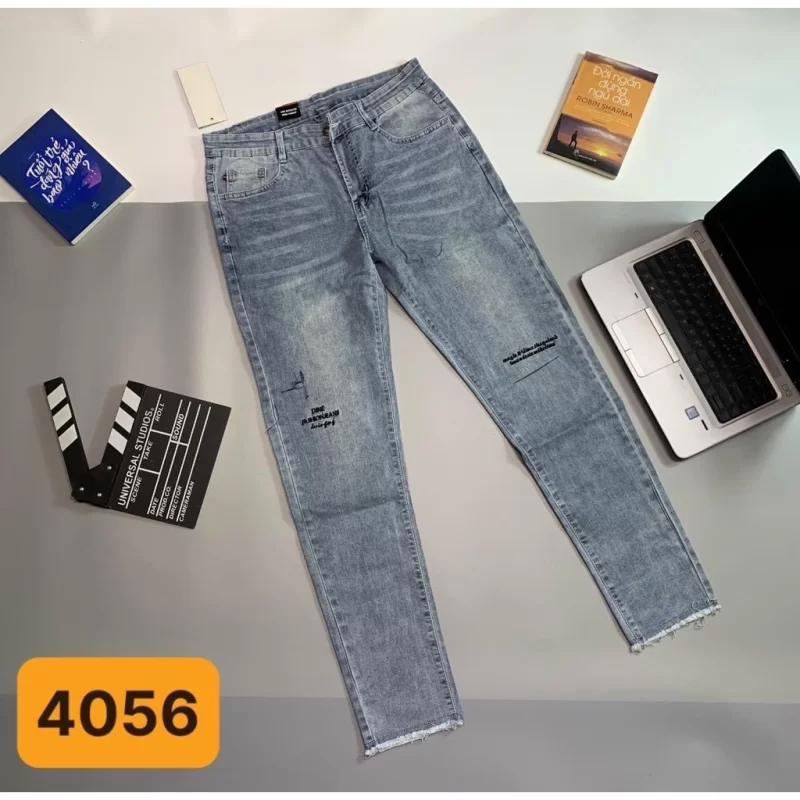 Quần jean nam dài, quần bò nam xanh thêu chữ chất vải jean bò co dãn chuẩn form slimfit dễ phối đồ