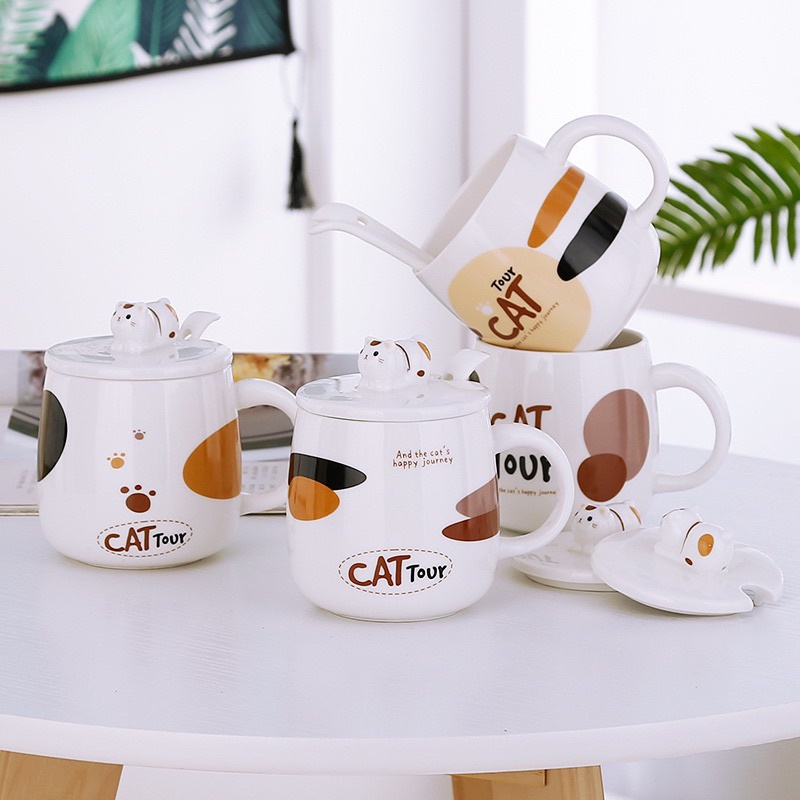 Ly cốc sứ có nắp mèo Cat Tour 400ml cao cấp