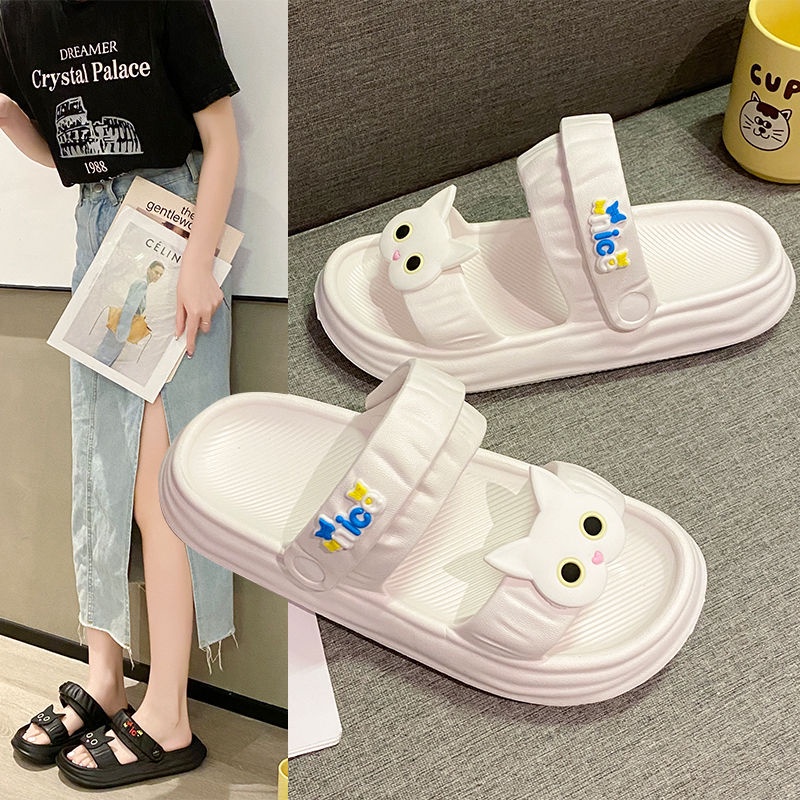 Dép sandal nữ, dép quai hậu nữ đế cao 4cm gắn sticker mặt mèo dễ thương