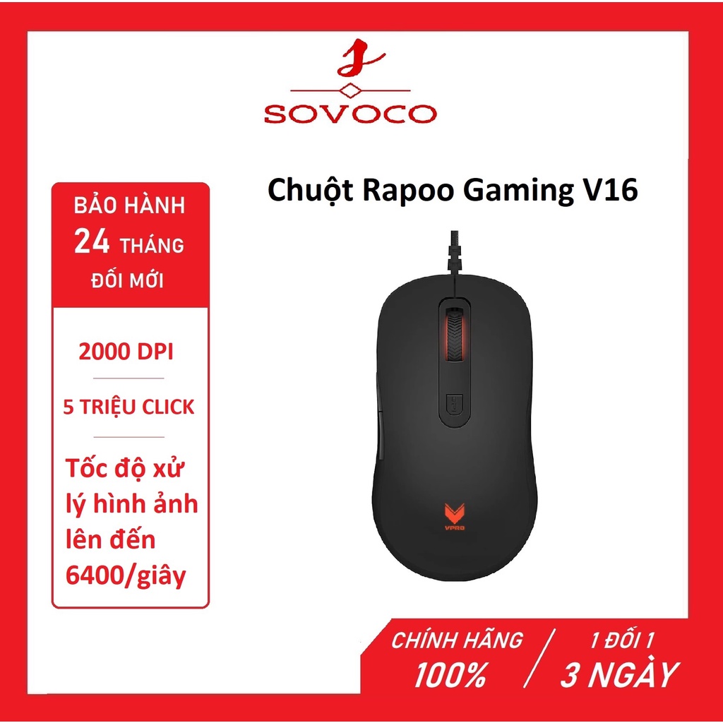Chuột Rapoo Gaming V16 - 750/1350/2000 DPI - 1000Hz/1ms - Dây cắm USB - Đèn Led - Chính Hãng - Bảo hành 24 tháng đổi mới