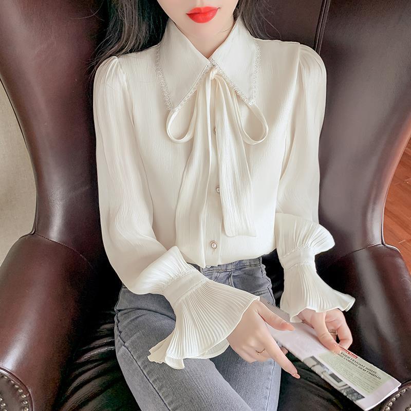 Áo Sơ Mi Chiffon Tay Dài Cổ Thắt Nơ Xếp Ly Ngọt Ngào Thanh Lịch Thời Trang Xuân Thu Dành Cho Bạn Nữ 2022