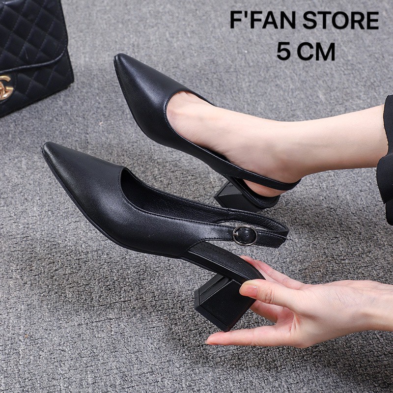 Giày nữ hở gót mũi nhọn đế vuông  mềm mại, cao gót bít mũi quai cài màu đen 2 3 5 phân big size FFAN STORE