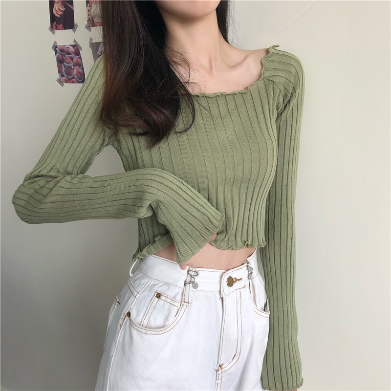 Áo Croptop Sweater Dài Tay Với Thiết Kế Hở Eo Xinh Xắn Dành Cho Nữ 9308