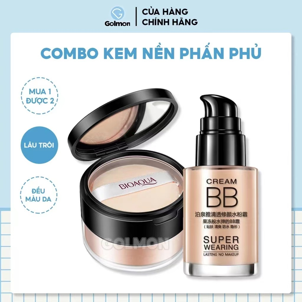 Kem BB + Phấn Nền Combo trang điểm makeup kem nền che khuyết điểm và phấn phủ Dạng Lỏng Cố Định Lớp Trang Điểm Chống Nước Chống Mồ Hôi Không Nhòe Dưỡng Ẩm Lâu Trôi Che Khuyết Điểm