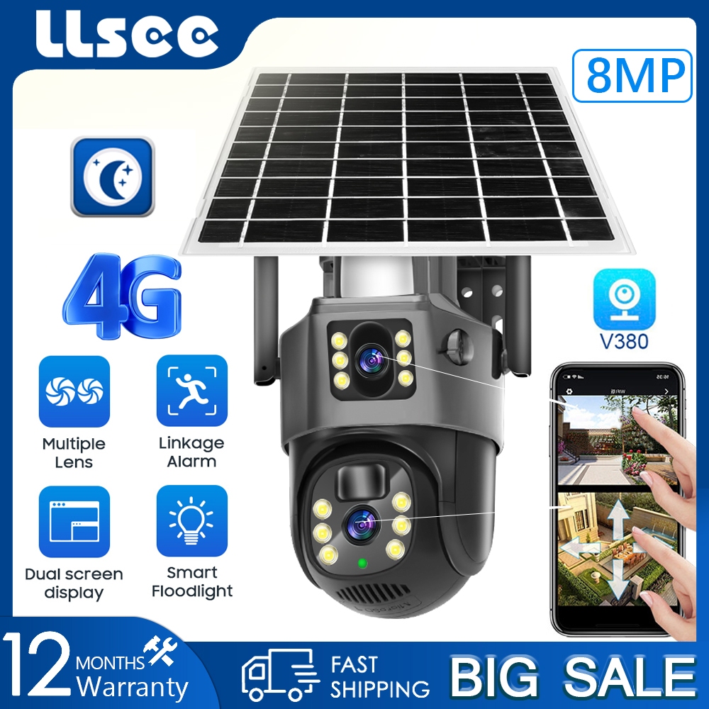 LLSEE V380 Pro, Máy ảnh thẻ SIM 4g Camera pin mặt trời 2 mắt 4K 8MP Camera năng lượng mặt trời Camera quan sát năng lượng mặt trời ngoài trời Chống nước màu Tầm nhìn ban đêm Hai chiều