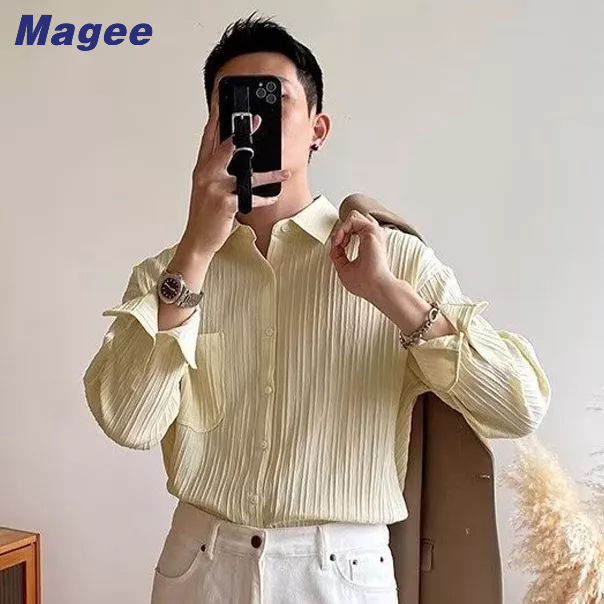 Magee Áo Sơ Mi Nam Dáng Rộng Xếp Ly Nhẹ Nhàng Chống Nhăn Retro Hàn Quốc Giản Dị Mới