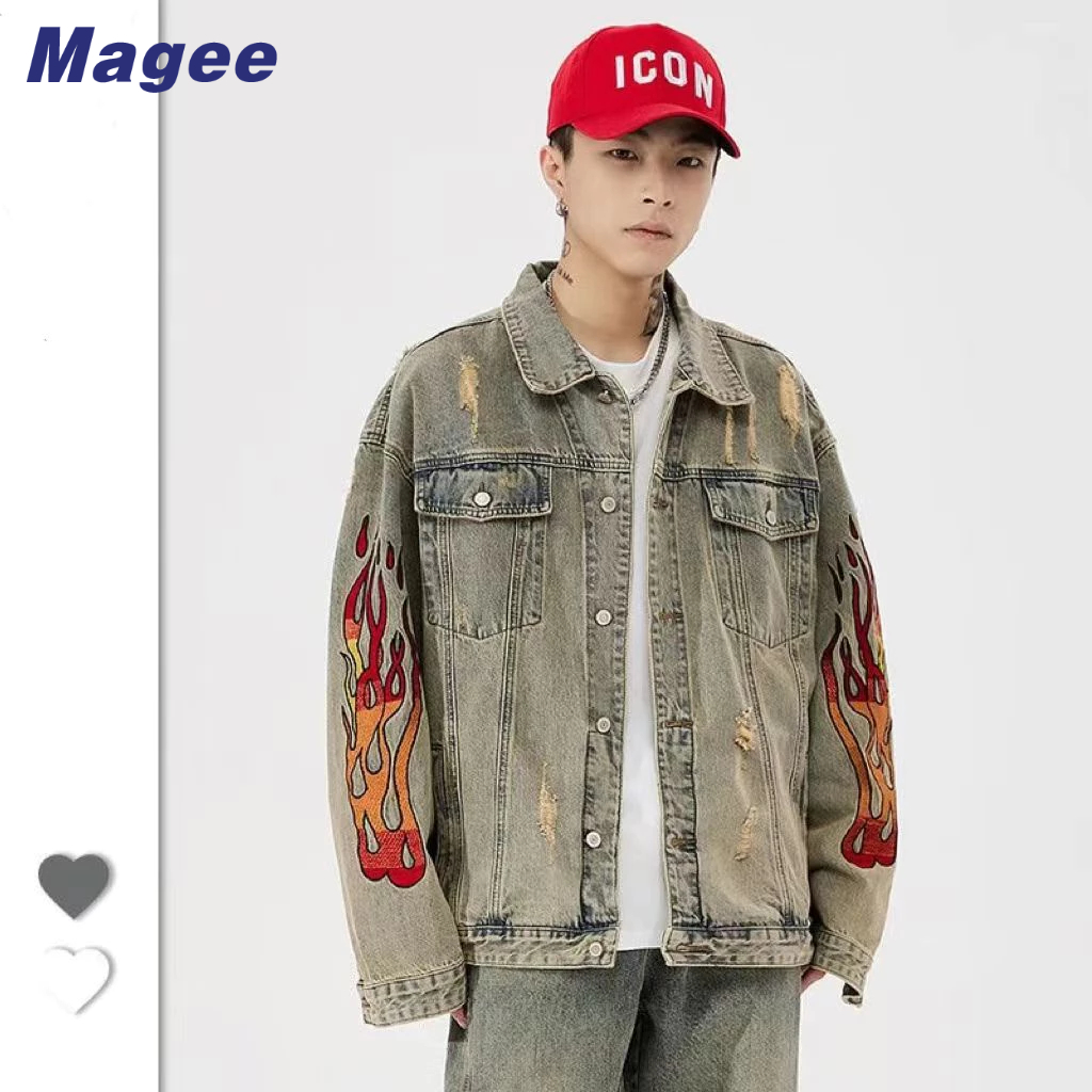 Magee Áo Khoác denim Dáng Rộng Thêu Hình Ngọn Lửa Phong Cách Hàn Quốc Cổ Điển Sang Trọng Giản Dị Dành Cho Nam