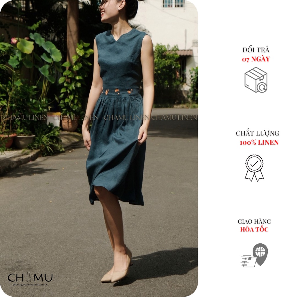 Đầm Linen Premium 100% dáng chữ A thêu tay | GREEnie E | CHAMULINEN