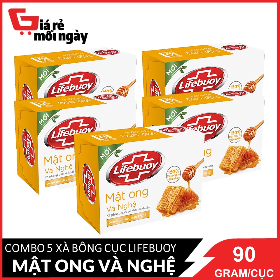 COMBO 5 Xà bông cục Lifebuoy Bảo vệ khỏi vi khuẩn Mật Ong và Nghệ  90g X5