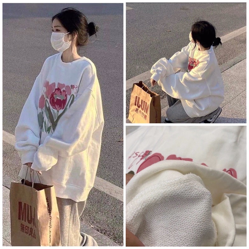 Áo nỉ sweater hoa hồng vintage oversize  Sweaters form rộng tay phồng kiểu dáng đường phố Hàn Quốc JOLIE