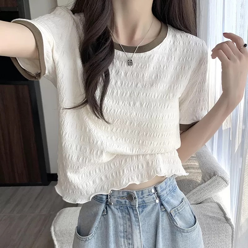 Áo Thun Chiffon Ngắn Tay Cổ Tròn Phối Bèo Màu Sắc Tương Phản Phong Cách Hàn Quốc Cho Nữ