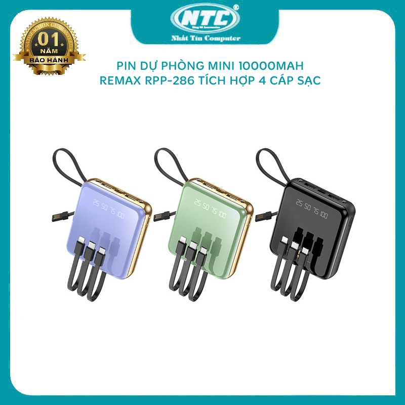 Pin dự phòng Remax RPP-286 Janker Series 10000mAh tích hợp đèn pin - hỗ trợ 4 dây sạc USB/ microUSB/ typeC/ LN
