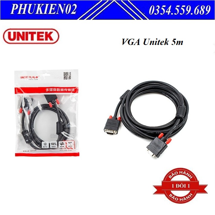 Cáp VGA dài 5M UNITEK Y-C505A  chuẩn VGA  3C+6 dùng cho máy chiếu, màn hình LCD - Hàng chính hãng