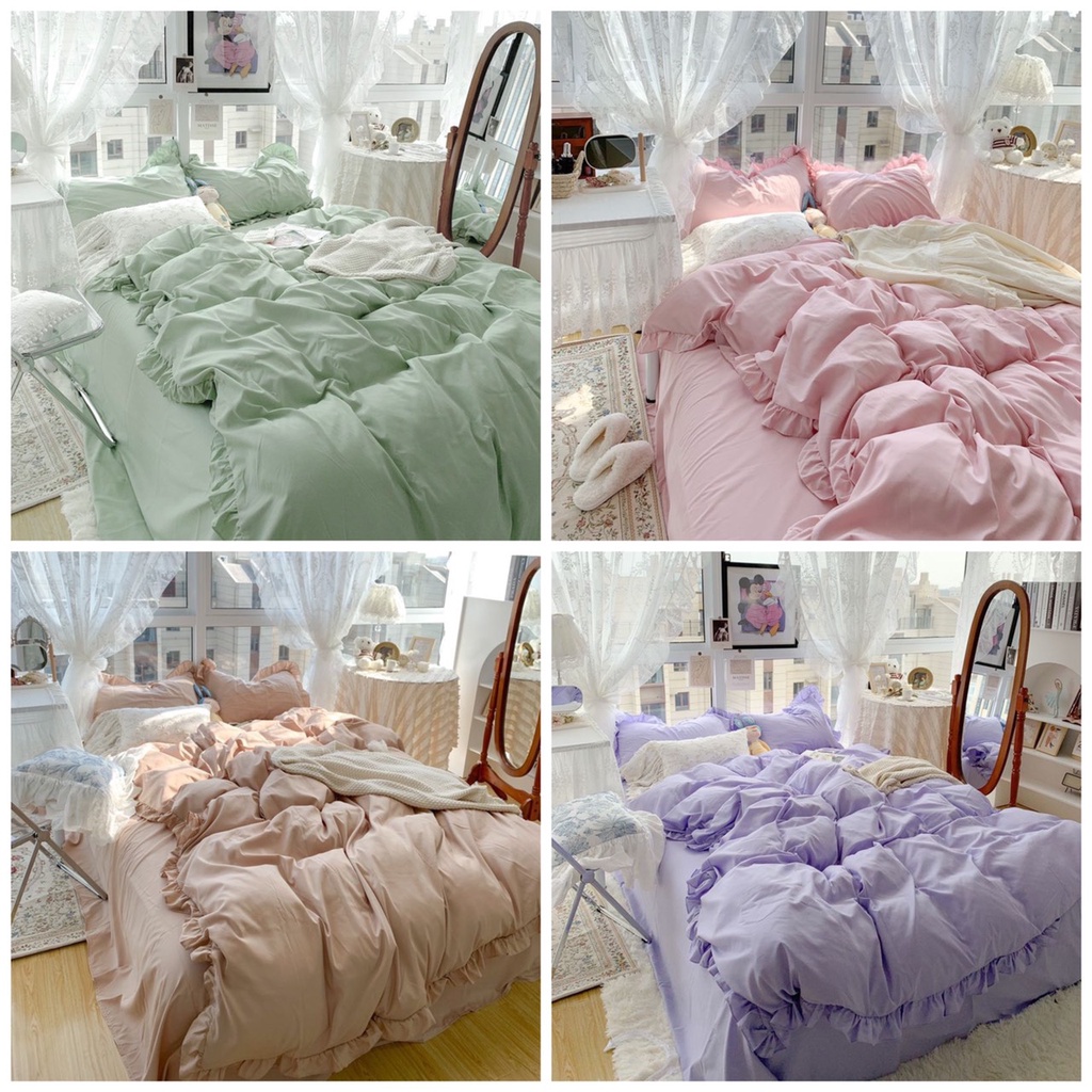 Bộ chăn ga gối viền bèo Cotton tici đáng yêu phong cách vintage Hàn quốc nhiều màu đủ size theo yêu cầu.