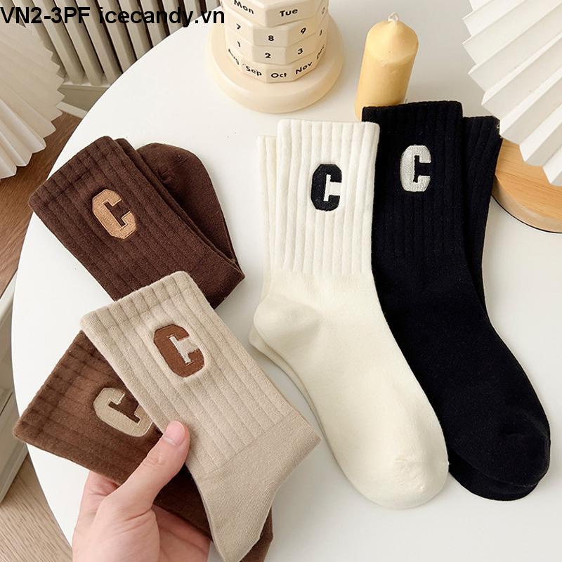 Tất Cổ Cao Nữ Họa Tiết Chữ C, Vỡ Cổ Cao Họa Tiết Chữ C Vải Cotton Mềm Mịn