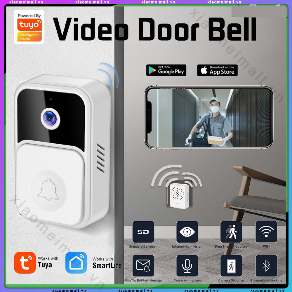 Tuya Chuông Cửa Không Dây Wifi Camera Điện Thoại Thông Minh Liên Lạc Nội Bộ Chạy Bằng Pin Chống Nước Tương Thích Với Gia Đình Tuya
