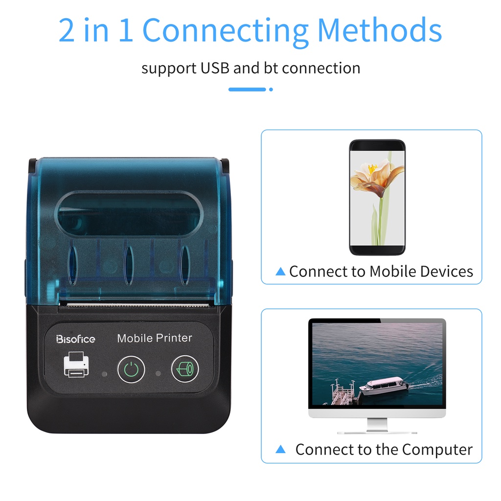Máy In Nhiệt Di Động Bisofice 58mm 2 inches Mini Với 1 Cuộn Giấy Nhiệt USB & Kết Nối BT Tương Thích Với Windows / Android / iOS