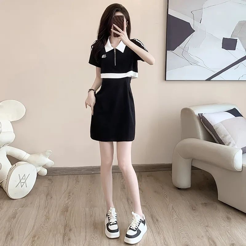 Đầm Đen Cổ Polo Chiết Eo Kiểu Pháp Thời Trang Mùa Hè Cho Nữ
