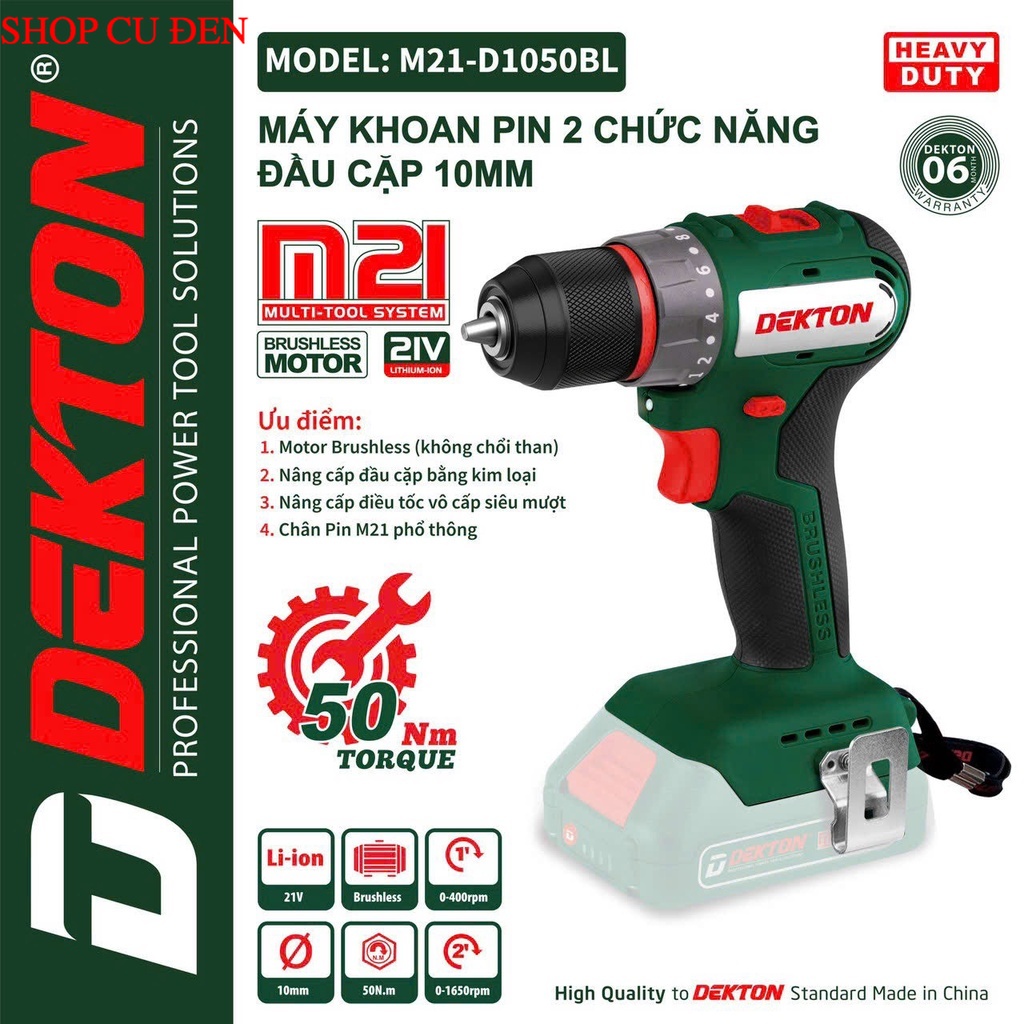 Máy Khoan Pin Dekton 2 Chức Năng 10 Ly M21 1050Bl | 50Nm| Động Cơ Không Than mẫu mới 2023 đầu lock cu đen