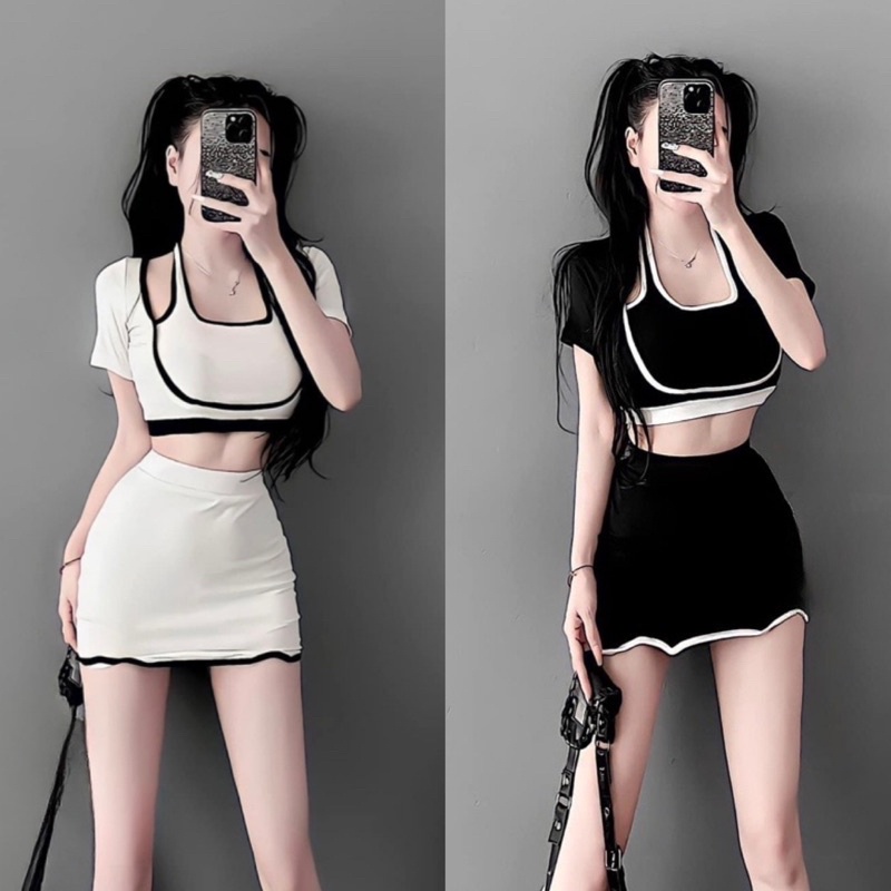Set Váy Croptop Phối Viền  Dây Thừng + Áo Yếm U Viền Tay Ngắn Cá Tính wendy