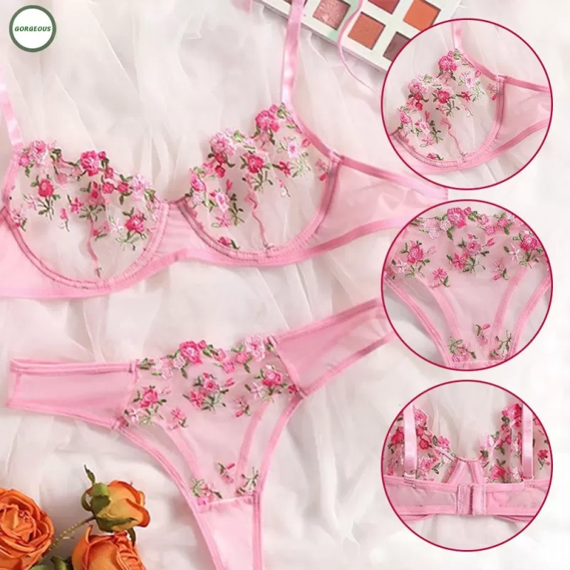 GORGEOUS~Women Sexy Lace Embroidery Bra Thongs Set Sheer Nightwear Lingerie Sleepwear