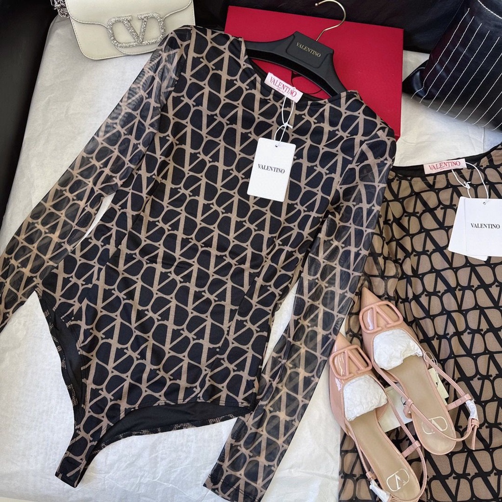 K5IO Valentino early autumn latest classic presbyopic logo printed mesh one-piece base shirt long sleeve three-dimensional slim fit Qi