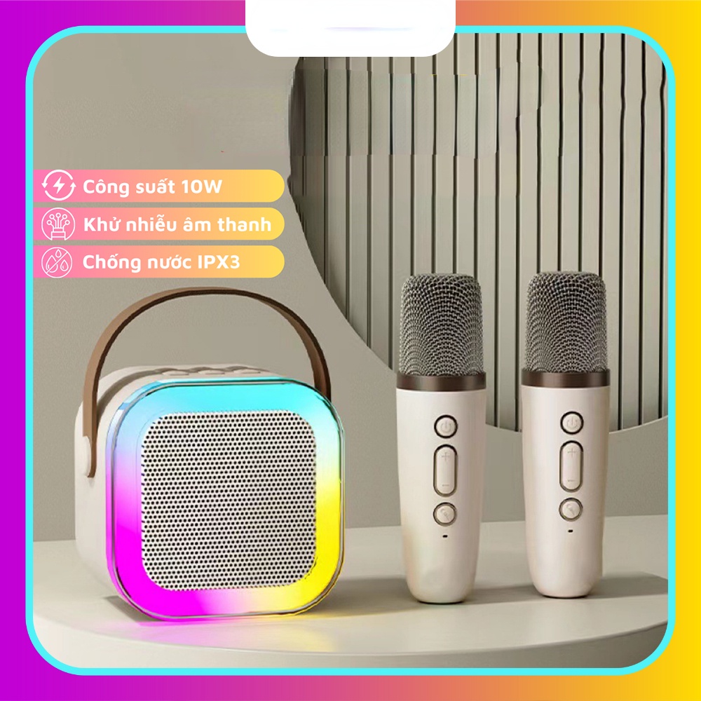 Loa Bluetooth Karaoke Mini  K12 Led RGB kèm 2 mic không dây công suất 10W