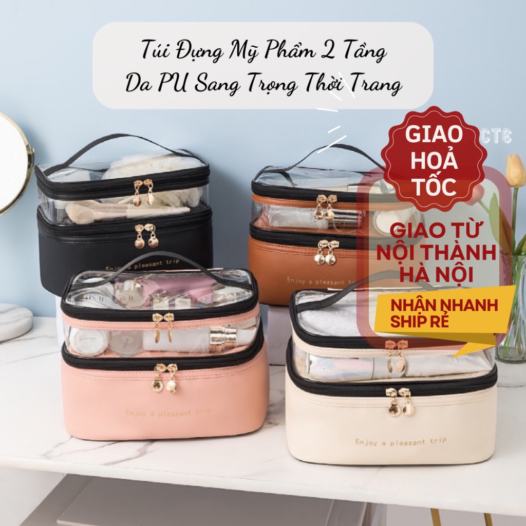 Túi đựng mỹ phẩm đồ trang điểm 2 tầng bọc da PU chống nước đi du lịch màu pastel thiết kế sang trọng thời trang TMP50