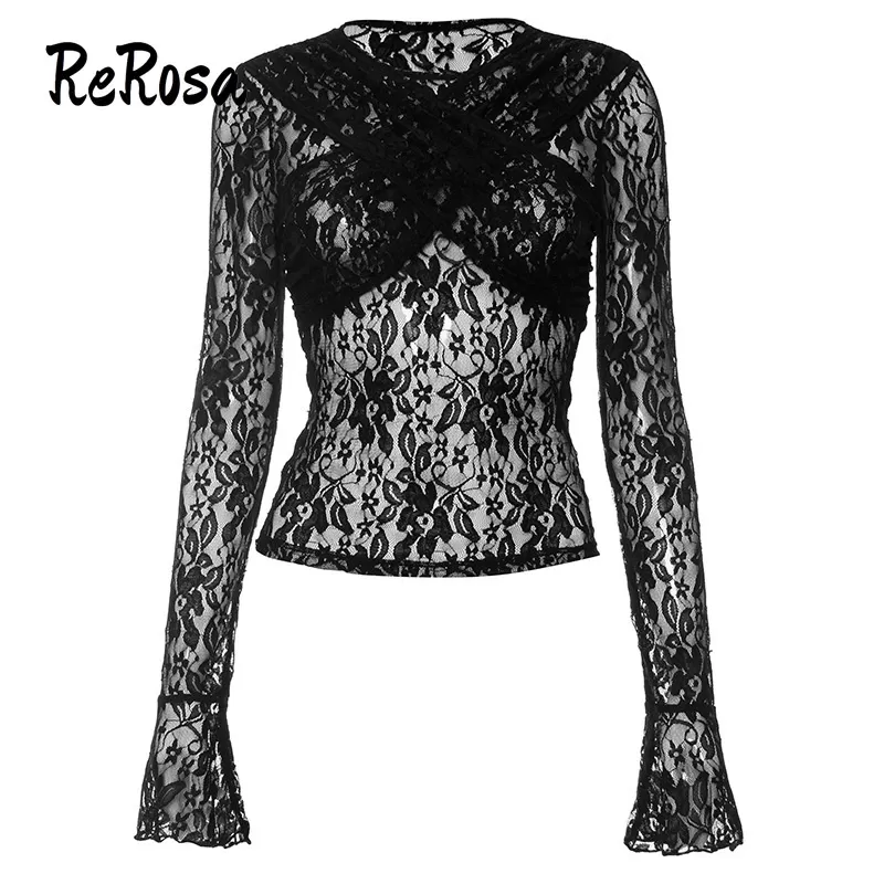 Rerosa Áo Thun crop Top Tay Dài Cổ Tròn Màu Trơn In Họa Tiết Thời Trang 2023 Cho Nữ