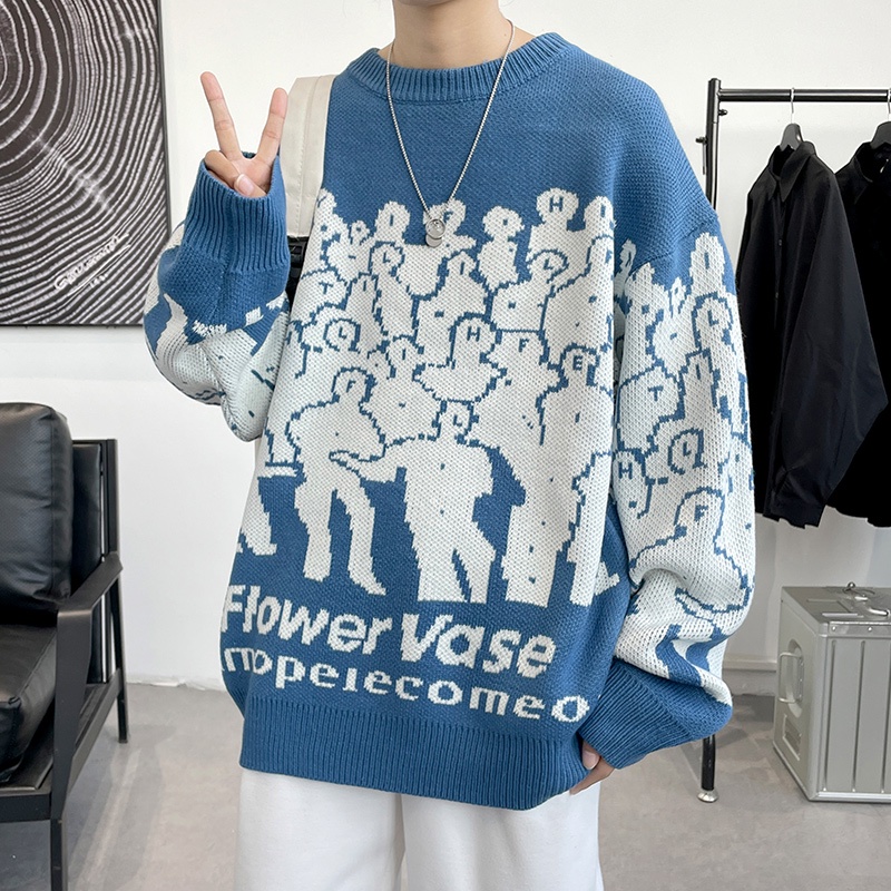 Áo sweater Dệt Kim Tay Dài Cổ Tròn Dáng Rộng Phong Cách hong kong Thời Trang Mùa Thu Cho Nam