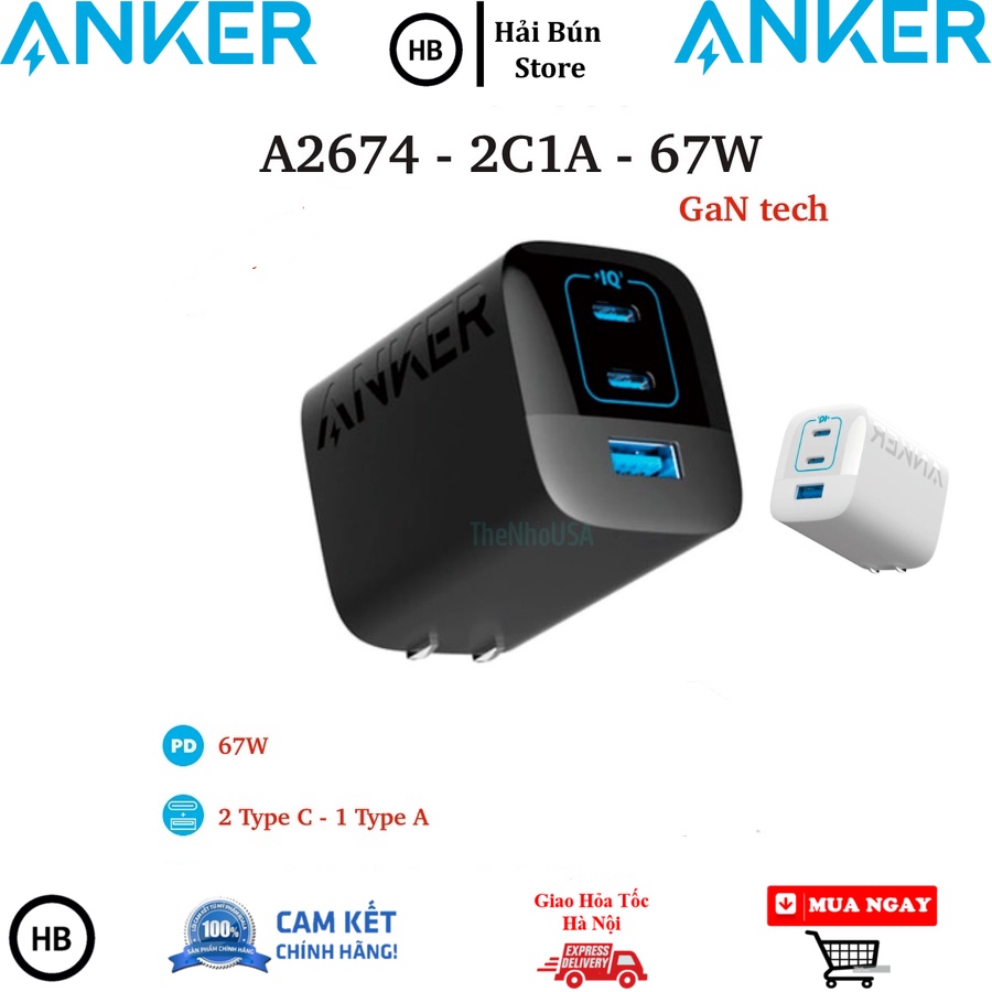 Củ sạc nhanh Anker 67W 3 cổng 2C1A IQ3 A2674 model 2023 BH 12 Tháng, sạc điện thoại - laptop HaiBunStore