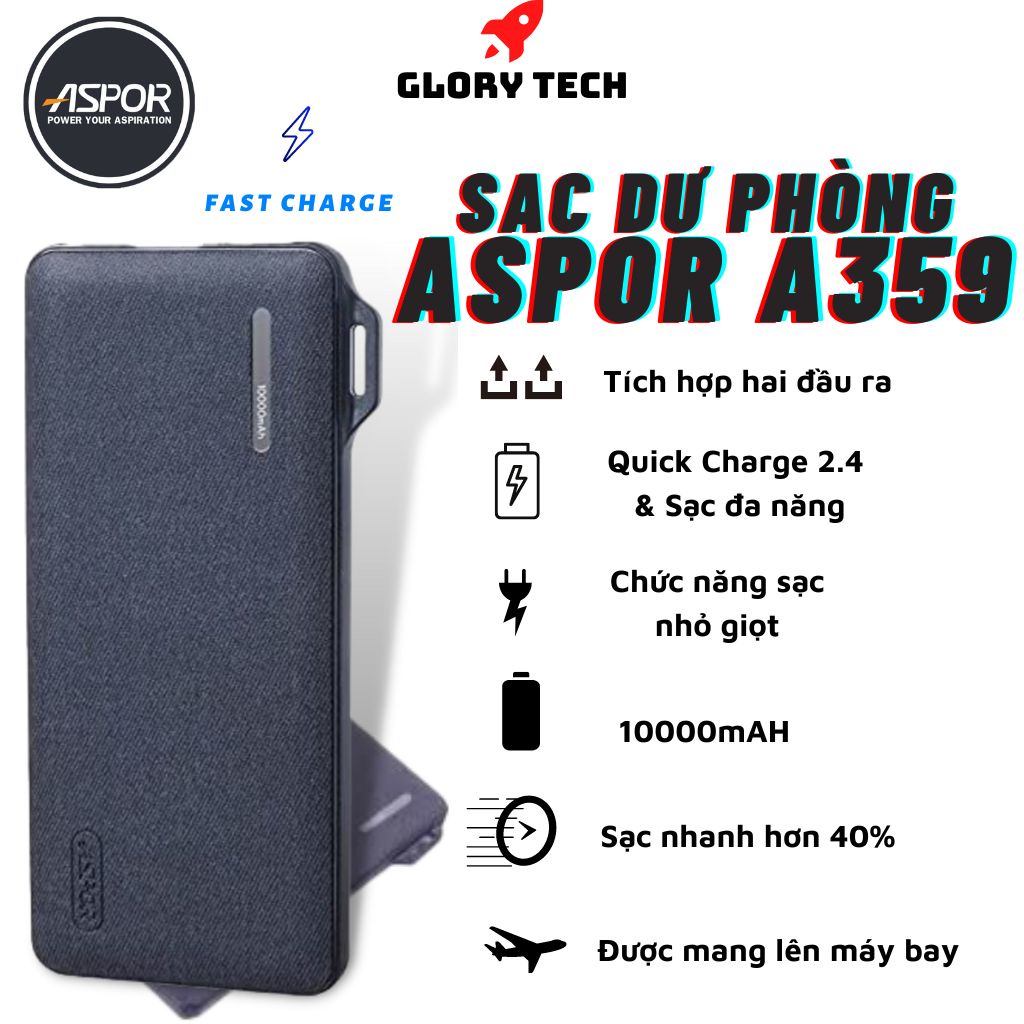 ????TẶNG DÂY SẠC????Sạc dự phòng ASPOR A359 10.000mAh + 2 cổng sạc , Pin dự phòng thiết kế sang trọng tích hợp sạc nhanh công