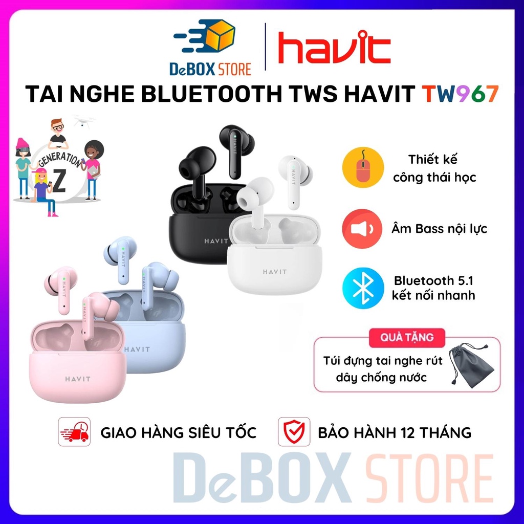 Tai Nghe Bluetooth TWS HAVIT TW967 BT 5.1, Thiết Kế Công Thái Học, Driver 10mm - Chính Hãng BH 12 Tháng