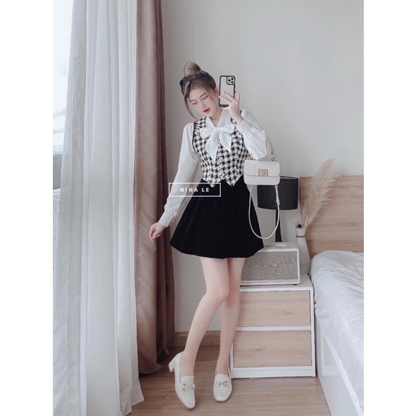 Set vải tweed cao cấp 3 món : áo sơ mi nơ cổ kèm áo khoác gi-lê và chân váy tennis, set váy dự tiệc sang trọng