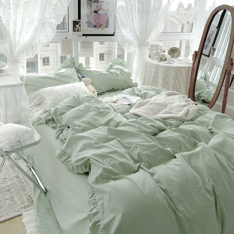 Bộ chăn ga gối cotton tici K'HOME viền bèo phong cách tiểu thư - Nhiều màu lựa chọn