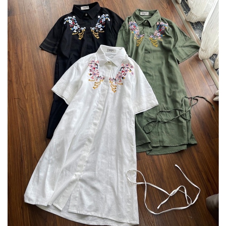 Đầm cổ sơmi thêu hoa dáng midi mặc được 2 dáng.Hình cận vải shop chụp thật
