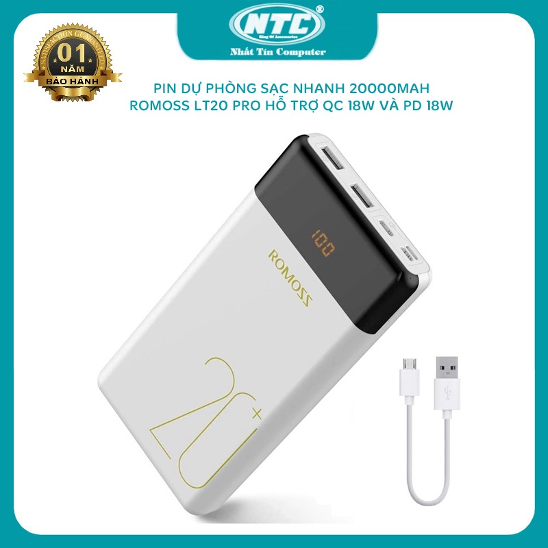 Pin dự phòng sạc nhanh Romoss LT20 Pro dung lượng 20000mAh - hỗ trợ QC 18W và PD 18W