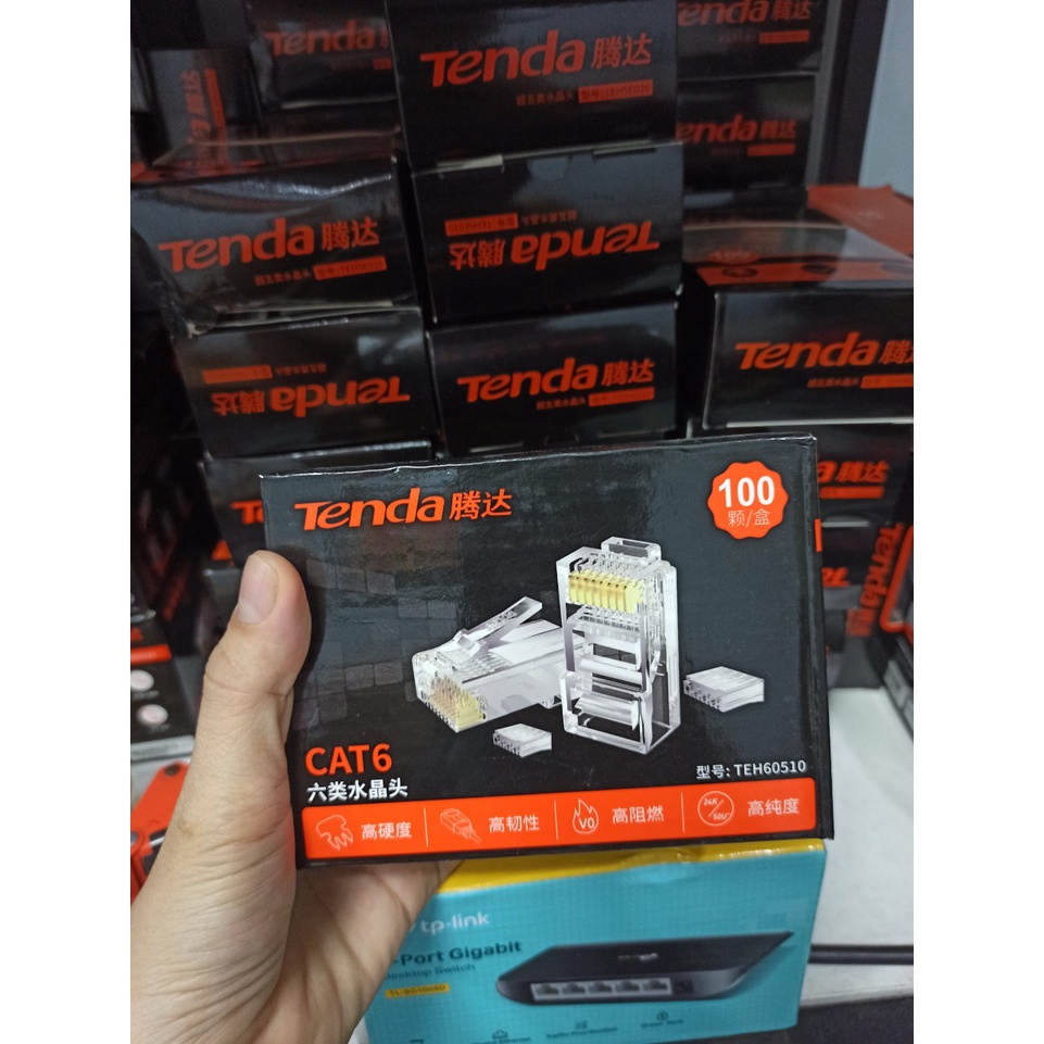 Hạt mạng Tenda, đầu Bấm Mạng RJ45 CAT6 chống nhiễu, chống Oxi hóa có định vị Hộp 100 đầu