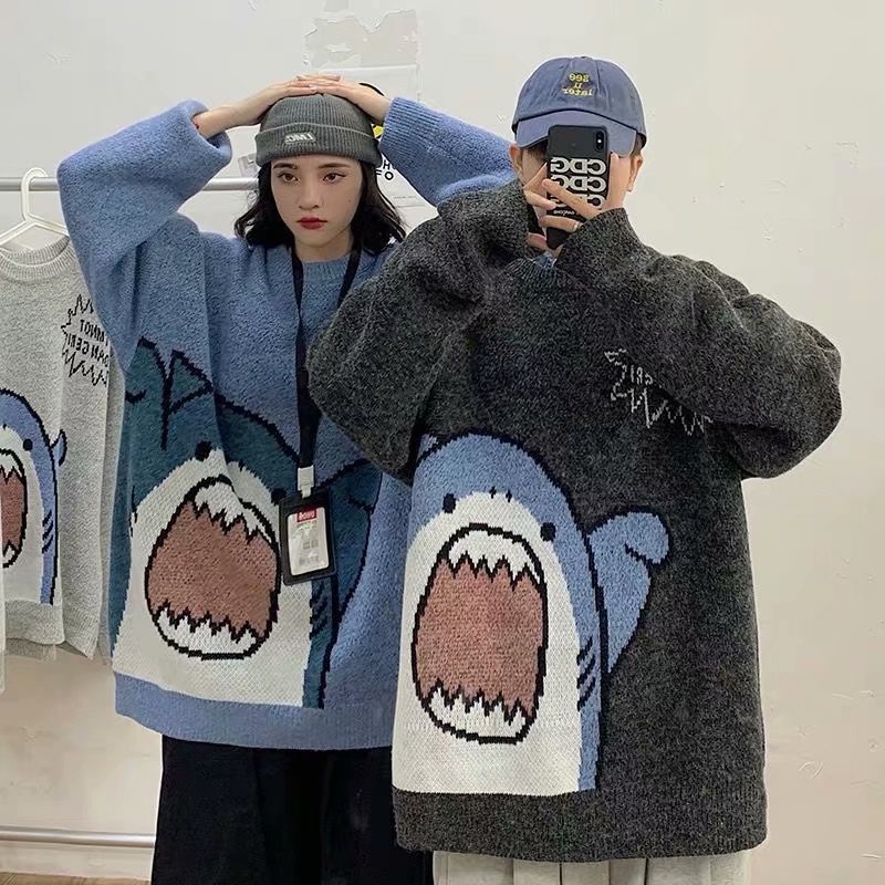 Áo sweater Dệt Kim Tay Dài Cổ Tròn In Hình Cá Mập Harahara Thời Trang Hàn Quốc Mới Cho Nam Và Nữ