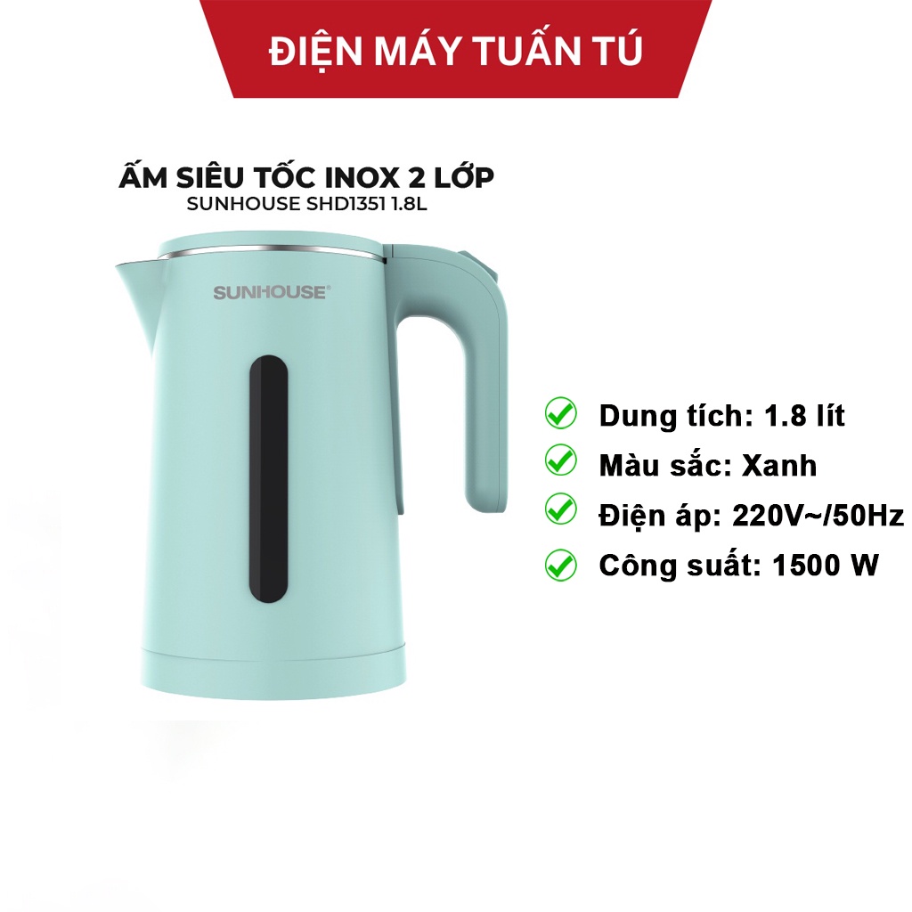 Ấm siêu tốc, bình đun siêu tốc Sunhouse inox 2 lớp, dung tích 1,8 lit, SHD1351