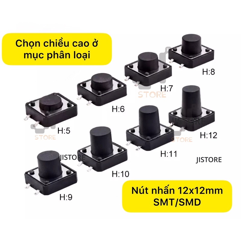 Combo 10 công tắc nút nhấn 4 chân SMD 12x12mm nhiều chiều cao 4P SMD/SMT tactile button micro switch
